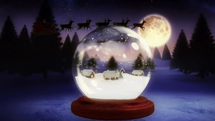 雪球内的圣诞村与飞行的圣诞老人