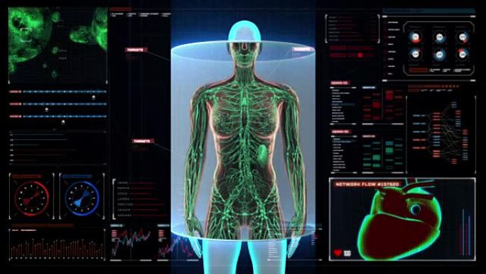 女性人体扫描淋巴系统在数字显示仪表板。