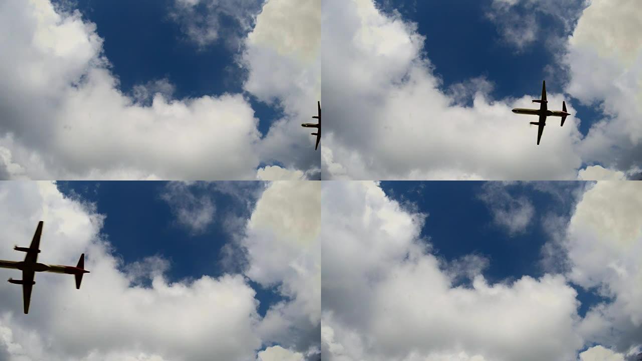商用飞机着陆进近。飞机在天空中飞行。