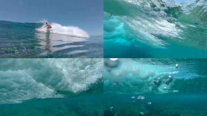低角度: 年轻的极限运动员沿着史诗般的Cloudbreak wave骑着冲浪板。