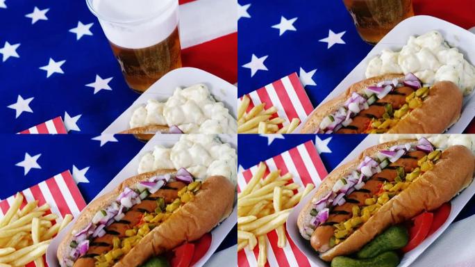 热狗，薯条和啤酒，上面印着美国国旗