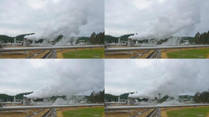 4k特写: 新西兰的蒸汽供暖厂管道和烟囱冒出大烟和蒸汽