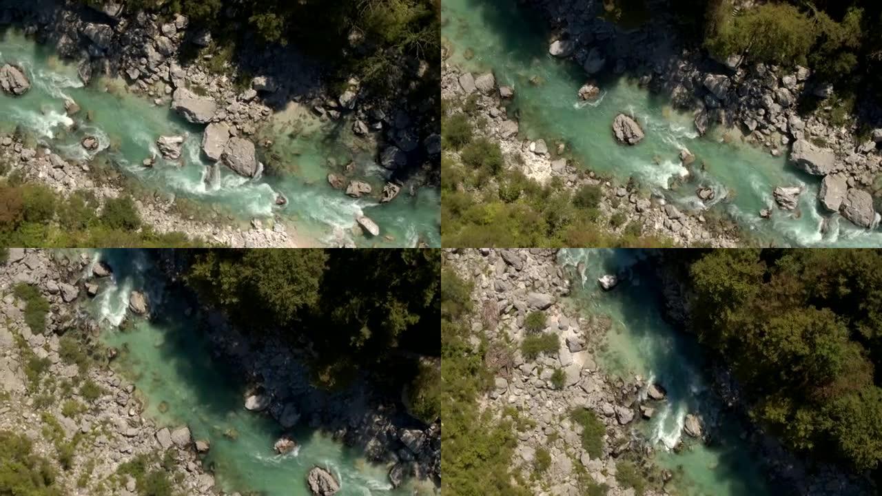 空中: 令人惊讶的美丽的翡翠维护河Soca的岩石河床