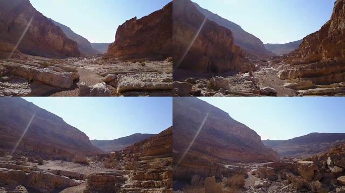 无人机飞越以色列的沙漠峡谷