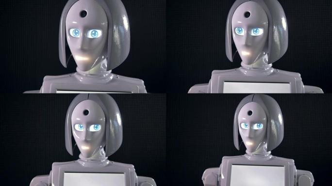 一个白人女性机器人在移动它的眼睛。
