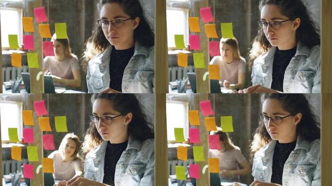 迷人的年轻女商人站立并在玻璃板上粘贴彩色备忘录的特写镜头。她的同事坐在后台工作。创造性的工作理念。