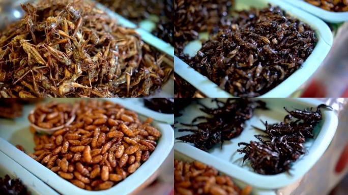 泰国的蝎子油炸、蠕虫和蚱蜢小吃街食品。