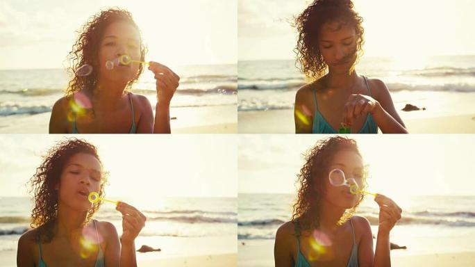 美丽的年轻女子在日落时在海滩上吹泡泡，柔和温暖的复古色调