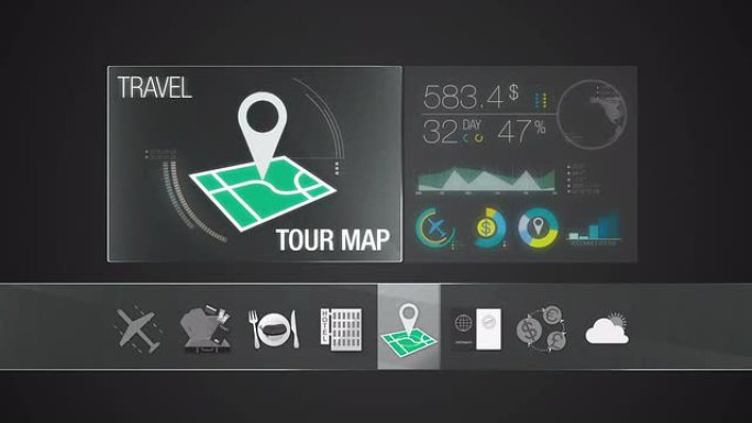 旅行内容的旅游地图图标。数字显示应用程序。
