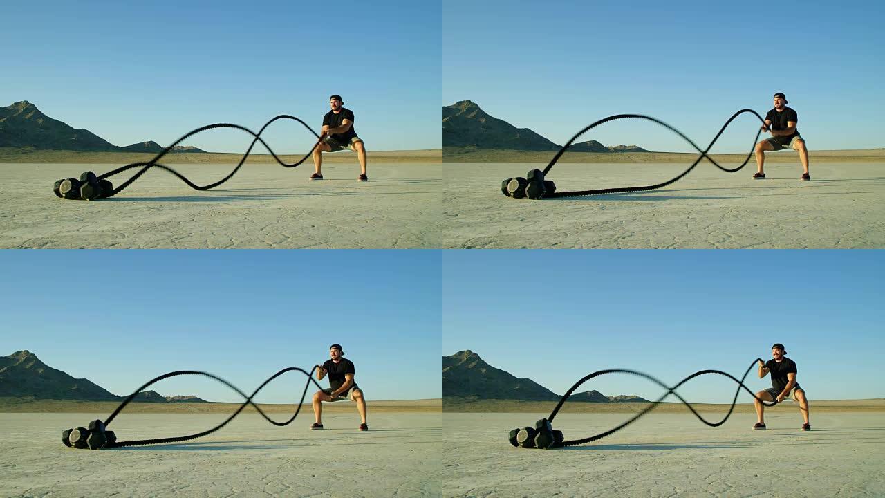 慢动作运动员在沙漠外面做极限战斗绳锻炼