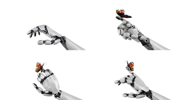 白色背景上的机器人手和蝴蝶