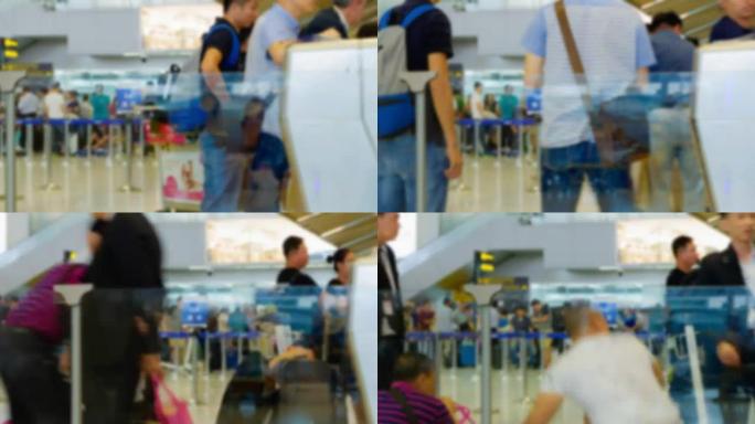 机场旅客在售票柜台办理登机手续的4k时间流逝。