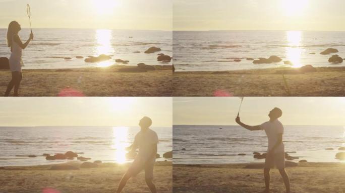 日落时分，女孩和男人正在海滩上打羽毛球