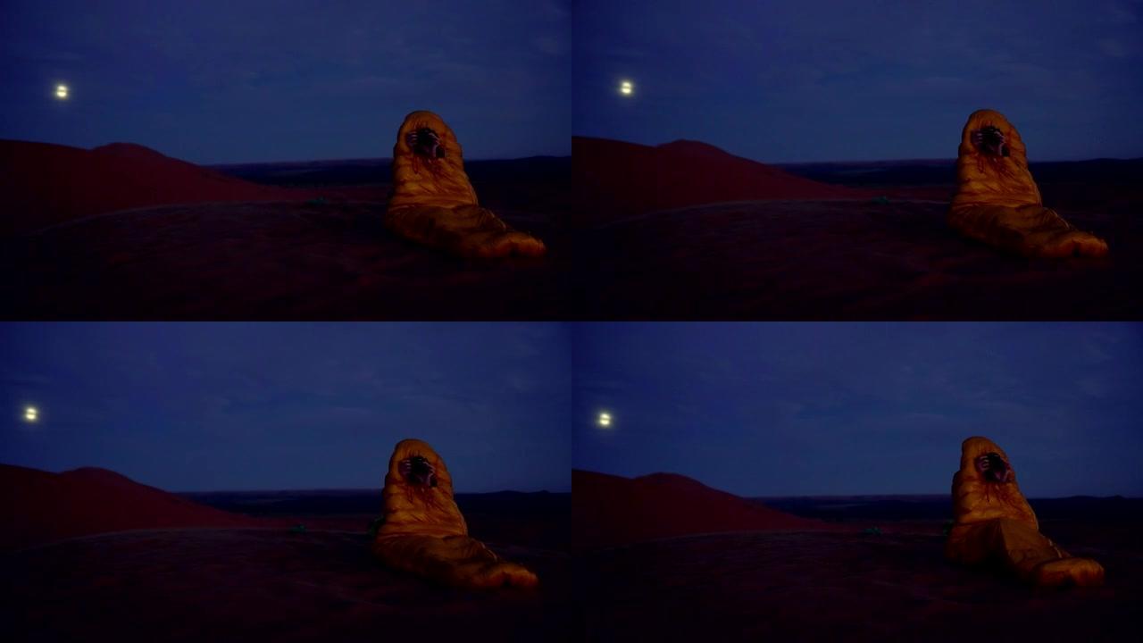 欣赏沙漠日落。寒冷的夜晚。满月。