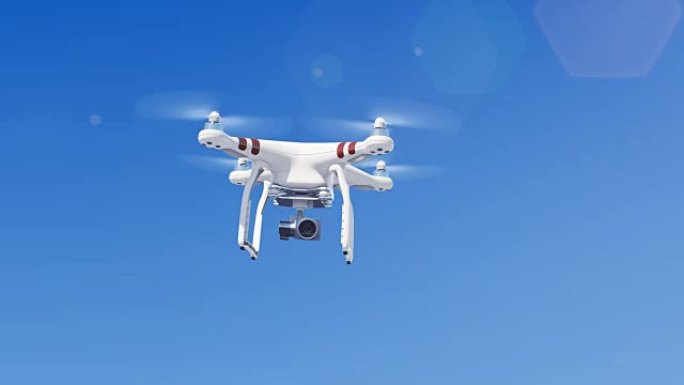 四轴飞行器在蓝天上飞行，用相机四处拍摄。现代电子概念。
