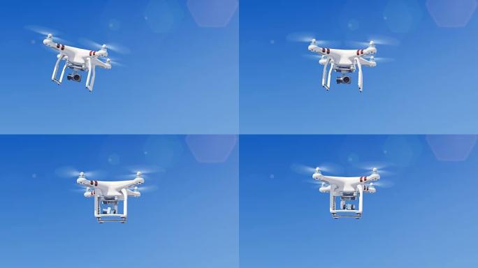 四轴飞行器在蓝天上飞行，用相机四处拍摄。现代电子概念。
