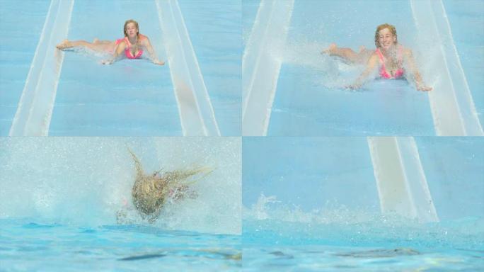 慢动作: 兴奋的年轻女子在超快的极限滑水雪橇上滑行，周围喷水