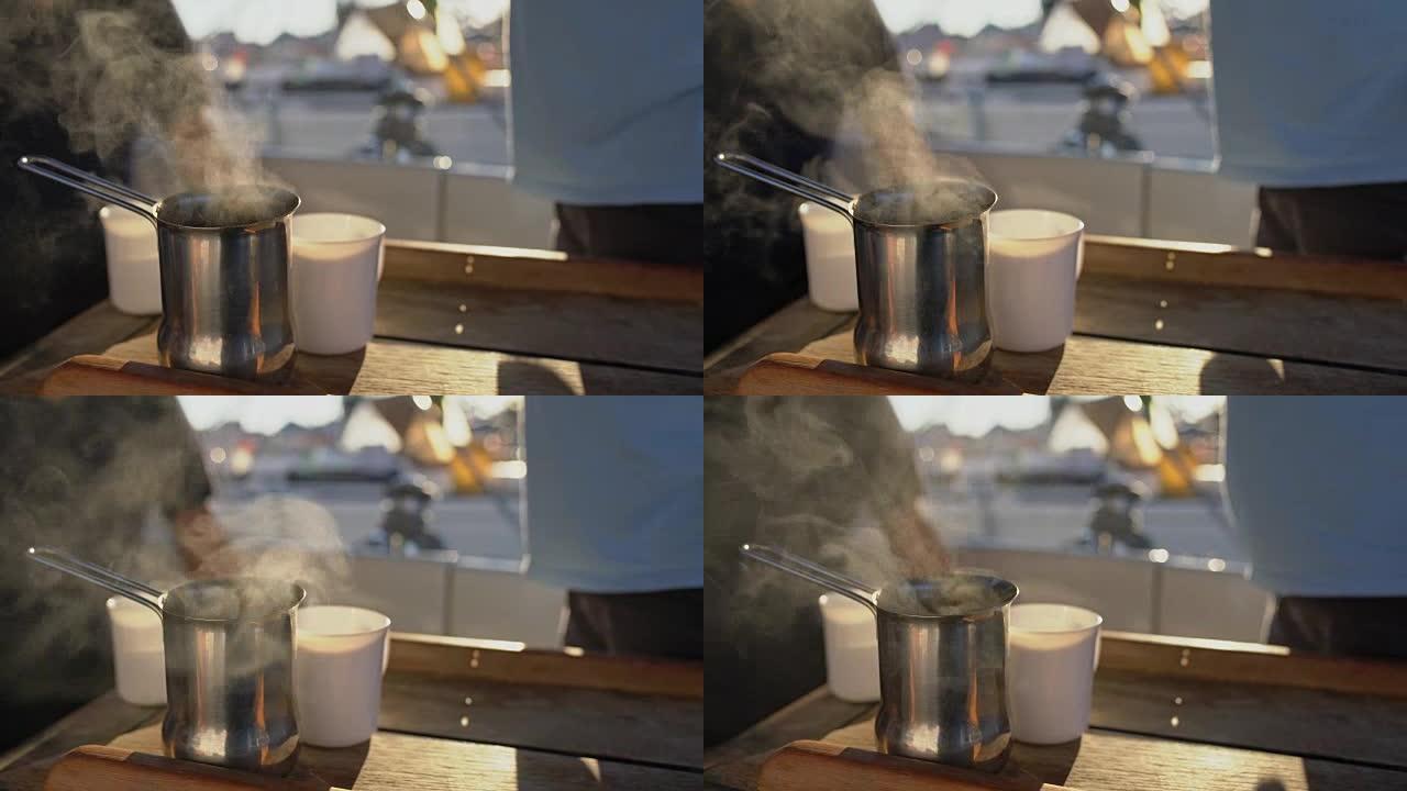 阳光码头上的4k热水蒸茶，实时