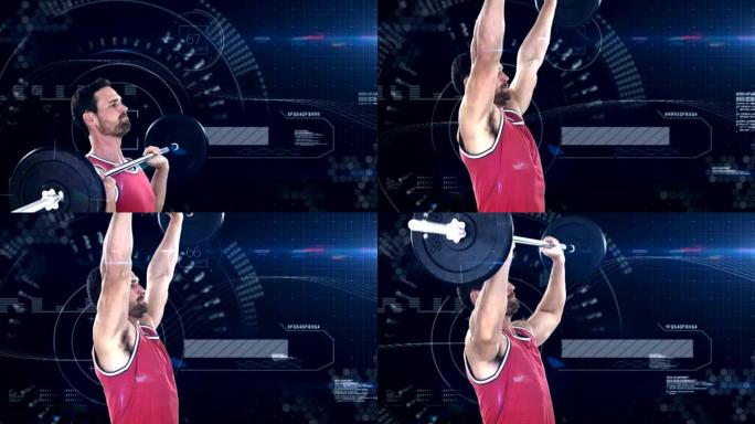 健美运动员在动画背景下举起沉重的杠铃重量