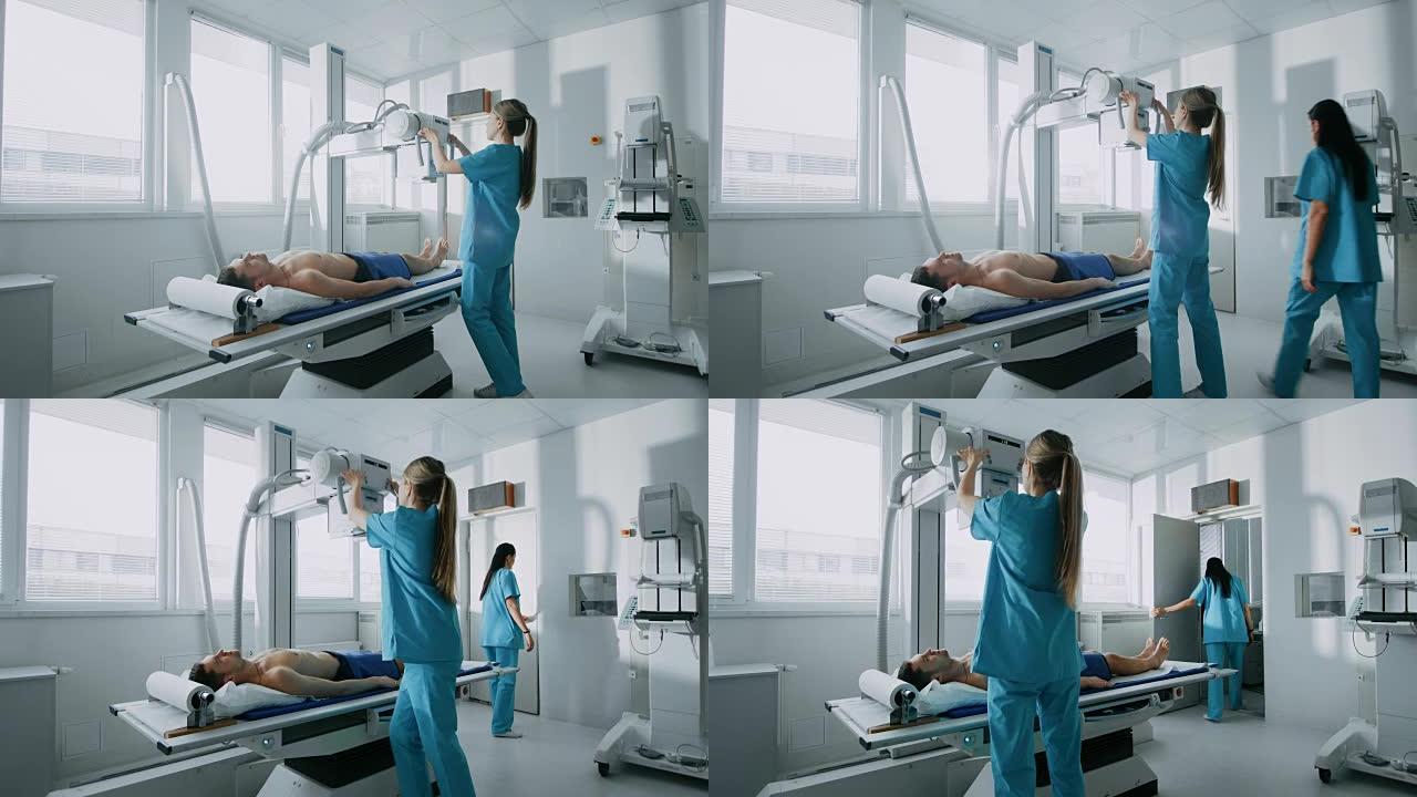 在医院里，低角度拍摄的男子躺在床上，女技师调整x光机。扫描骨折，四肢骨折，损伤，癌症或肿瘤。拥有技术