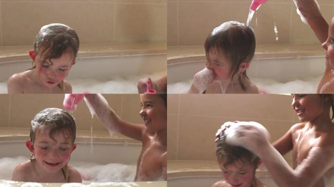 两个女孩共用泡泡浴和洗头