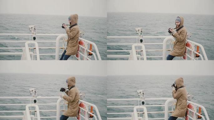 年轻的女记者站在船上，在阴天用相机拍照