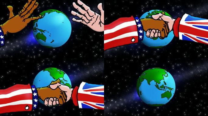 美国人和英国人在地球面前握手