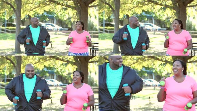 非裔美国人夫妇一起锻炼，散步