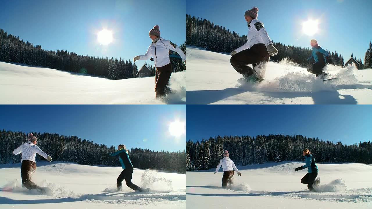 高清慢动作: 用雪鞋跑步
