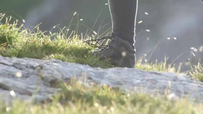 Dow: 皮革山鞋和女人踩在草地和基岩上的细节