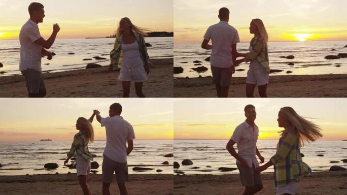 日落时分，夫妇在海滩上跳舞。