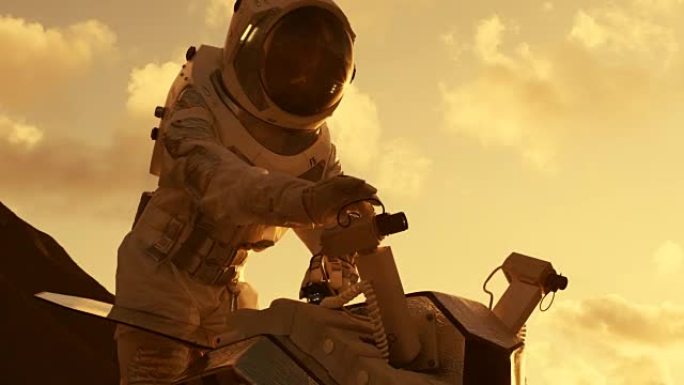 宇航员穿着宇航服调整火星车以进行火星/红色星球的探险/研究。首次载人火星任务，技术进步带来了太空探索