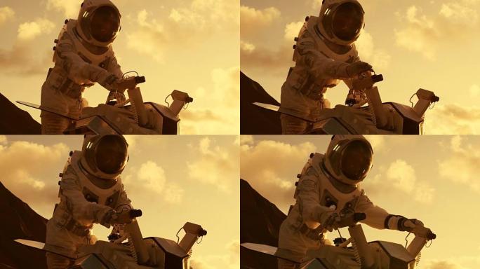 宇航员穿着宇航服调整火星车以进行火星/红色星球的探险/研究。首次载人火星任务，技术进步带来了太空探索