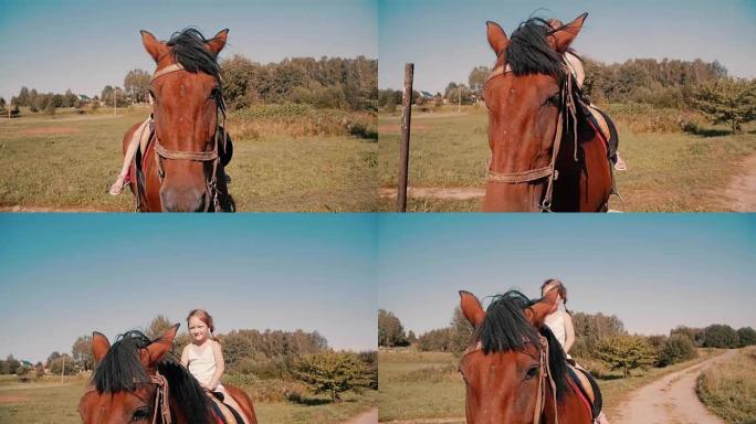 微笑的小女孩在阳光明媚的夏日在乡下骑马。慢mo