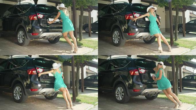 慢动作: 轻松愉快的白人妇女在关闭汽车后备箱时遇到问题。