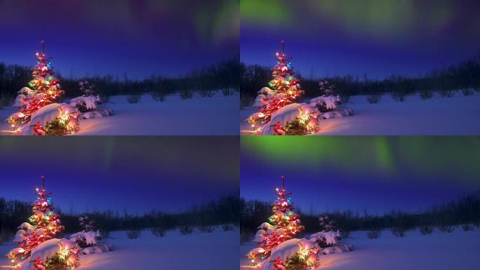北极光下户外发光的圣诞树