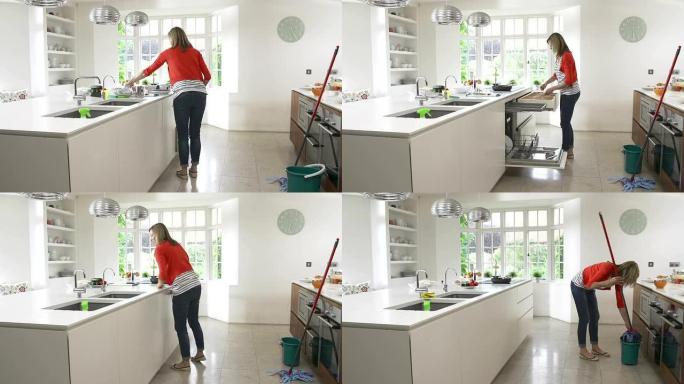 忙碌的女人在厨房工作的时间流逝顺序