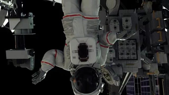 在国际空间站工作的宇航员。逼真的4k动画。