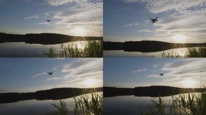 drone filming on a lake coast