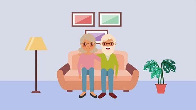 可爱的老年夫妇坐在客厅的沙发上