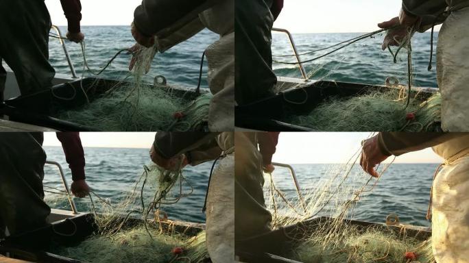 渔民在工作，拉着网