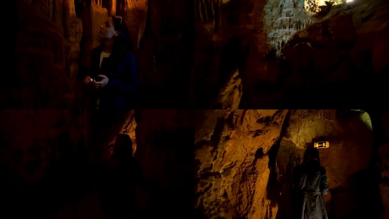 女人探索洞穴