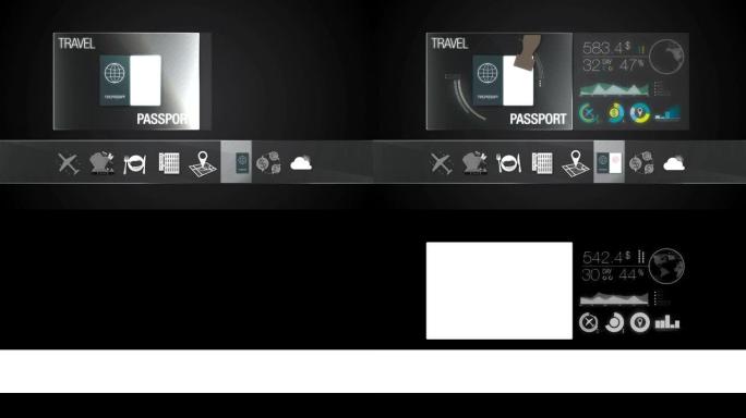 旅行内容的护照图标。数字显示应用程序。