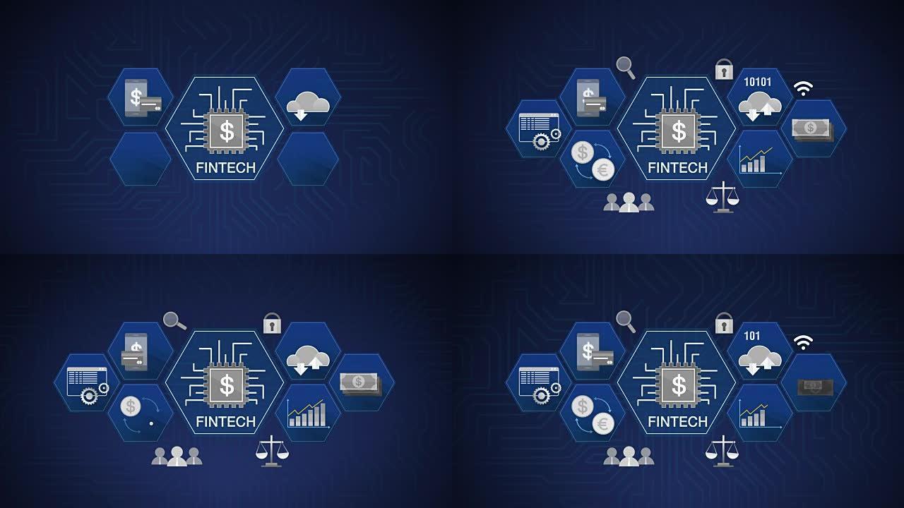 图标Fin-科技、金融科技和各种信息图标。4k大小的电影。