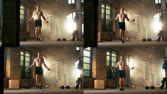 运动赤膊健美男子在一个废弃的工厂硬核健身房用跳绳锻炼。他从他的激烈健身训练中满身是汗。