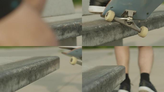 慢动作特写dop: 溜冰者在混凝土长凳上跳跃并滑动边缘