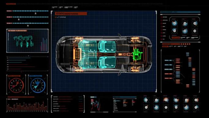 传动轴系统，发动机，内饰。顶视图。数字显示面板。