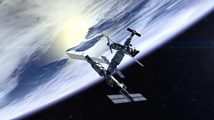 国际空间站在地球上空的飞行。国际空间站正在接近并在摄像机外飞行。4K. NASA。3D动画。