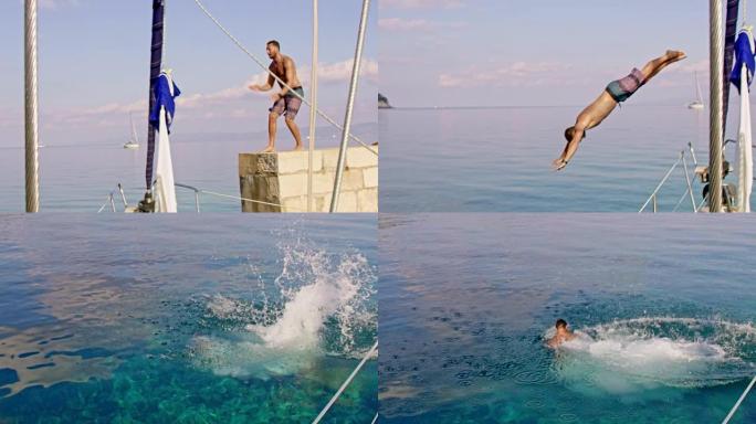 4k男子跳入阳光明媚的夏季海洋，慢动作