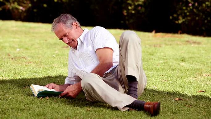 成熟的男人躺在草地上看书